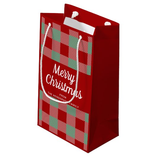 田舎風の赤と緑のチェック柄のクリスマス スモールペーパーバッグ (裏面アングル)