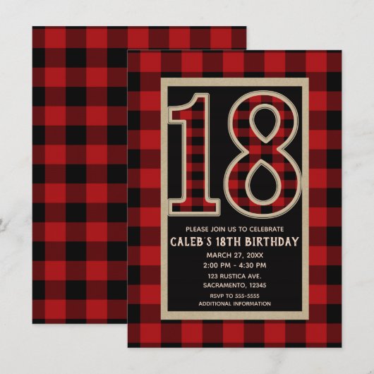 田舎風の赤黒バッファローチェック 18歳の誕生日 招待状 (正面/裏面)