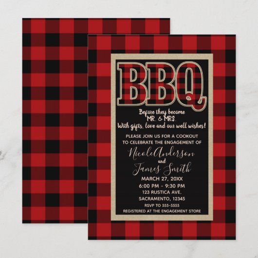 田舎風の赤黒バッファロー・プラッドBBQバーベキュー 招待状 (正面/裏面)