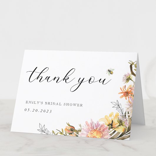 田舎風の野の花とミツバチの折りたたみ式ブライダルシャワー サンキューカード