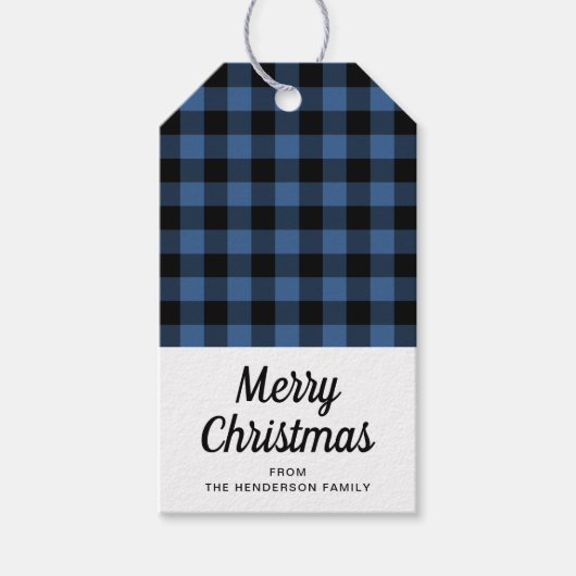 田舎風の青い格子模様のメリークリスマス ギフトタグ (正面)