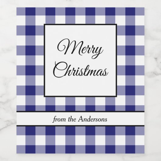 田舎風の青い格子模様のメリークリスマス ワインラベル (シングルラベル)