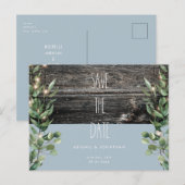 田舎風の青みがかった葉っぱの結婚式のSave the Date ポストカード (正面/裏面)