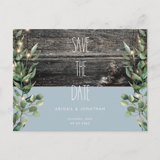 田舎風の青みがかった葉っぱの結婚式のSave the Date ポストカード (正面)