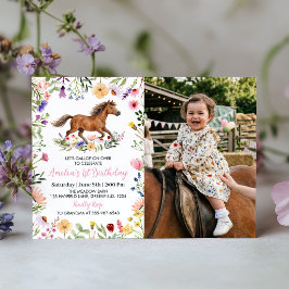 田舎風の馬と野の花のバースデー写真招待状 サンキューカード