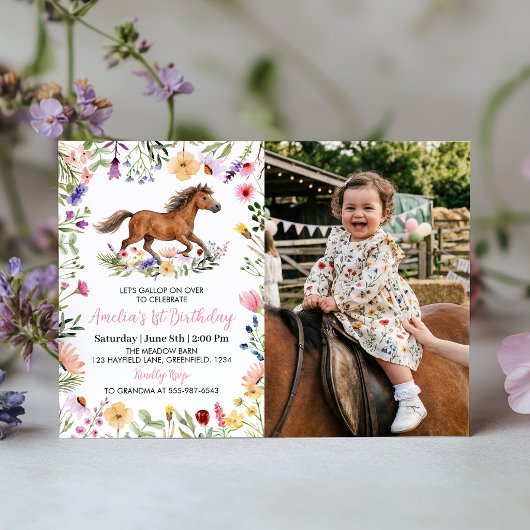田舎風の馬と野の花のバースデー写真招待状 サンキューカード