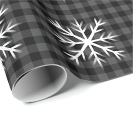 田舎風の黒とグレーのタータン柄チェック - 雪の結晶 ラッピングペーパー