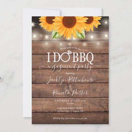 田舎風のBBQで「I Do」サンフラワーストリングライト 結婚記念 招待状 (正面)