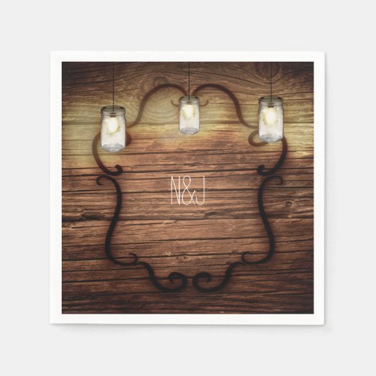 田舎風ウッドとライト入りメイソンジャー ウェディング スタンダードカクテルナプキン (正面)