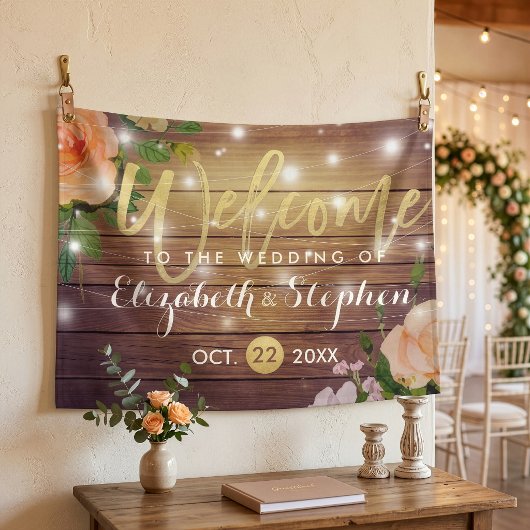 田舎風ウッドフラワーストリングライト ウェディングバナー 横断幕