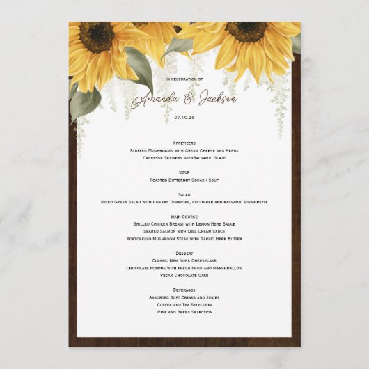 田舎風エレガントのヒマワリ、田舎の結婚式メニュー メニュー (正面)