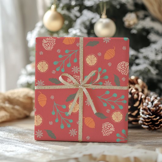 田舎風クリスマスの自然な模様 ラッピングペーパー