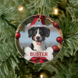 田舎風クリスマスリースの犬の写真ツリーオーナメント セラミックオーナメント