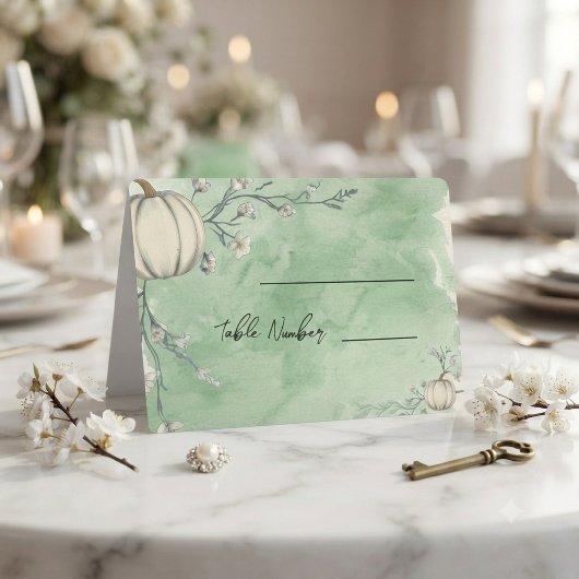 田舎風グリーンの秋のかぼちゃの結婚式プレイスカード プレイスカード