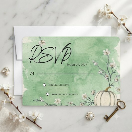 田舎風グリーンの秋のかぼちゃの結婚式RSVP 出欠カード