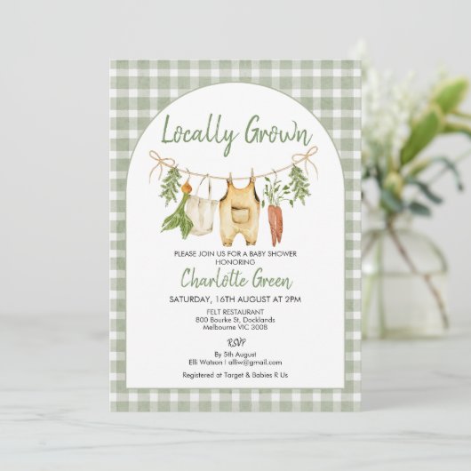 田舎風グリーンギンガム ローカル産ベビーシャワー 招待状 (スタンド正面)