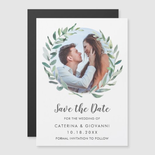 田舎風グリーンリースの結婚式フォトウェディングセーブザデート マグネット招待状 (正面/裏面)