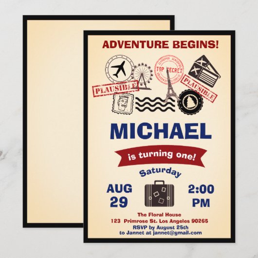 田舎風スタンプ旅行誕生日バッグ旅 招待状 (正面/裏面)