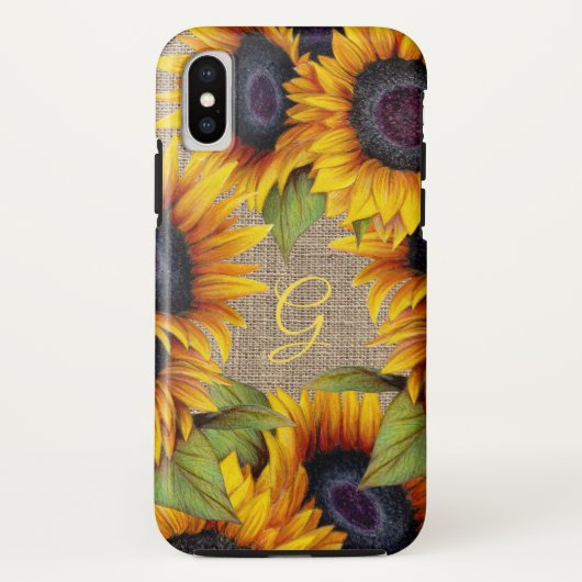 田舎風フラワーひまわりイエロージュートモノグラム Case-Mate iPhoneケース (裏面)
