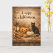 田舎風ブラックキャットとうもろこしのハロウィン カード (黄色い花)