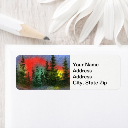 田舎風日の出の日没の松の木の崖。 ラベル (インサイチュ)