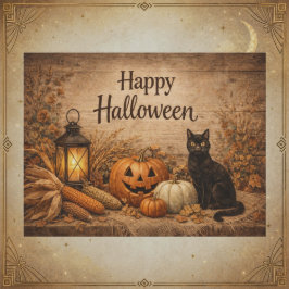 田舎風黒猫のトウモロコシ ハロウィン シーズンポストカード