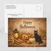 田舎風黒猫のトウモロコシ ハロウィン シーズンポストカード (正面/裏面)