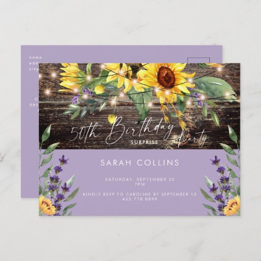 田舎風50歳誕生日サプライズひまわり誕生日 インビテーションポストカード (正面/裏面)