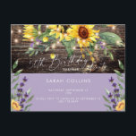 田舎風50歳誕生日サプライズひまわり誕生日 インビテーションポストカード<br><div class="desc">田舎風50歳サプライズ誕生日パーティーの招待状。 ひまわりとラベンダー色のライト、木。 木のフェンス。</div>
