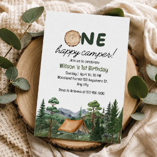 田舎風「One Happy Camper」1歳の誕生日キャンプ 招待状