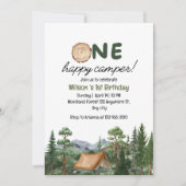 田舎風「One Happy Camper」1歳の誕生日キャンプ 招待状 (正面)