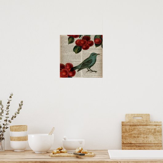 田舎鳥フランスのレトロ植物赤さくらんぼ ポスター (キッチン)