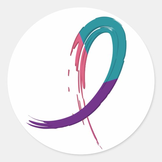 甲状腺がんティール(緑がかった色)、紫およびピンクリボンA4 ラウンドシール (正面)