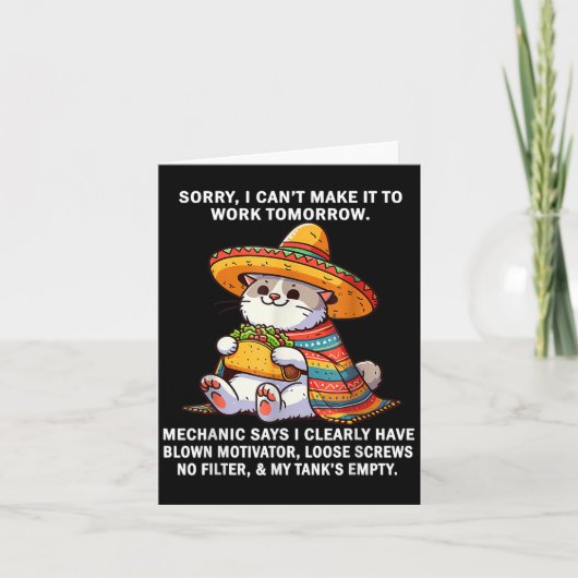 申し訳ありませんが、明日は仕事に行くことができません。整備士によると カード (正面)