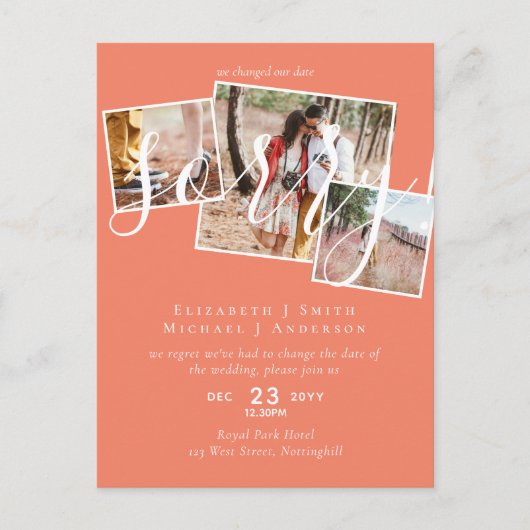 申し訳ありません! 結婚式延期 日程変更 写真 ポストカード (正面)