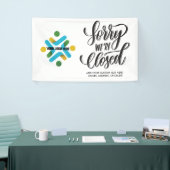 申し訳ございません。サインを閉じます。ロゴを追カスタム加します 横断幕 (トレードショー)