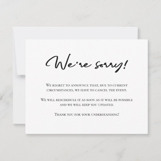 申し訳なく存じますが、白黒キャンセルのお知らせ ノートカード (正面)