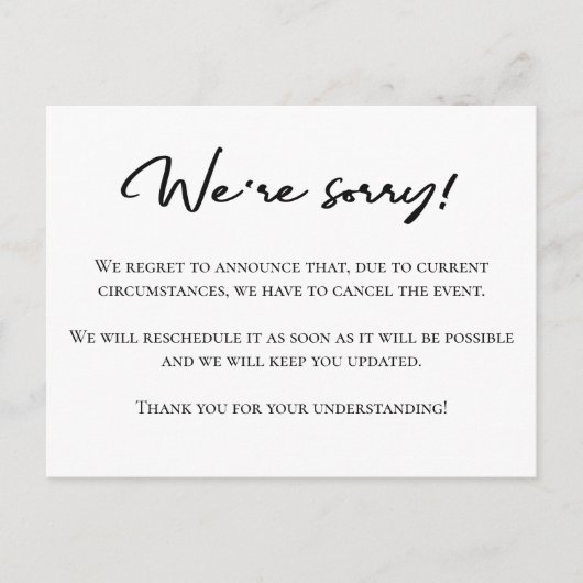 申し訳なく存じますが、白黒キャンセルのお知らせ ポストカード (正面)