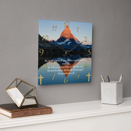 申命記31:8キリスト教信仰の山の湖 スクエア壁時計 (オフィス)