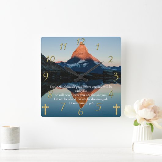 申命記31:8キリスト教信仰の山の湖 スクエア壁時計 (ホーム)