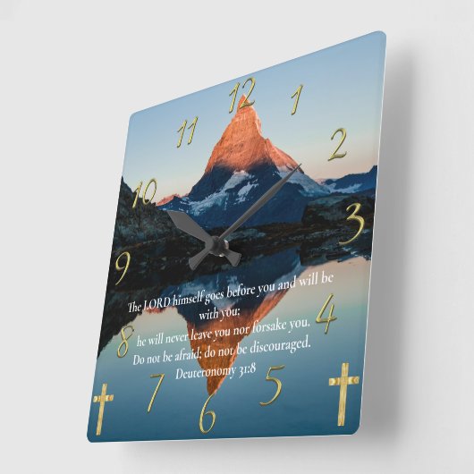 申命記31:8キリスト教信仰の山の湖 スクエア壁時計 (傾斜)
