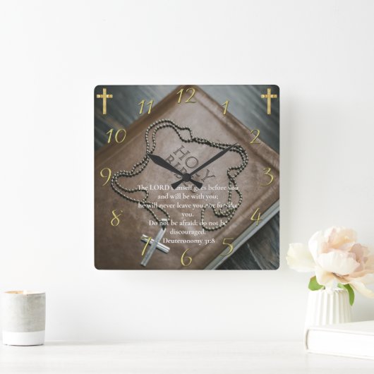 申命記31:8十字架の聖なる聖書 スクエア壁時計 (ホーム)
