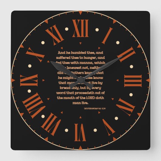 申命記8:3 KJV聖書ローマ数字 スクエア壁時計 (正面)