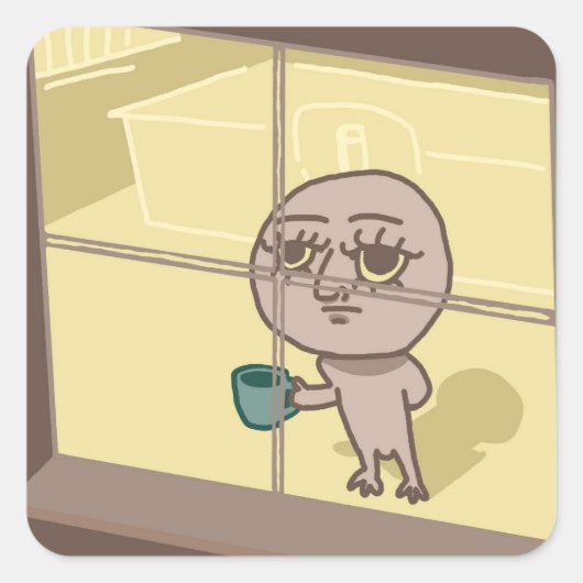 男おもしろいが窓のステッカーを凝視 スクエアシール (正面)