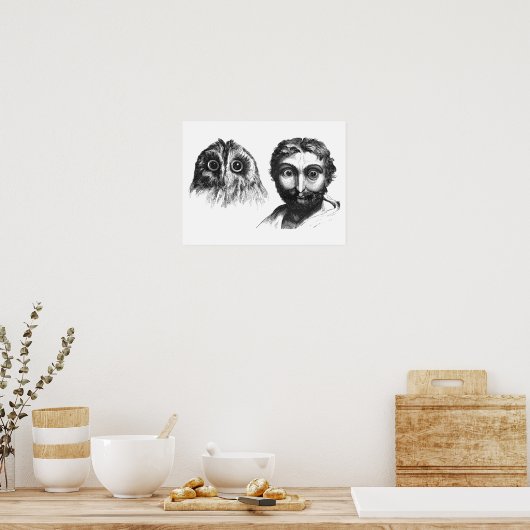 男おもしろいとフクロウのヴィンテージ漫画 ポスター (キッチン)