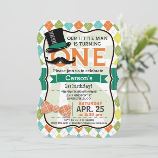 男おもしろいの子1歳の誕生日パーティの招待状 招待状 (スタンド正面)