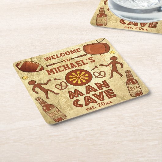 男おもしろいの洞窟あなたの名カスタム前 スクエアペーパーコースター (アングル)