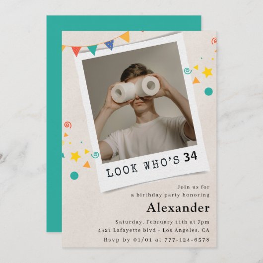 男おもしろいの34歳の誕生日招待状おもしろい写真 招待状 (正面/裏面)
