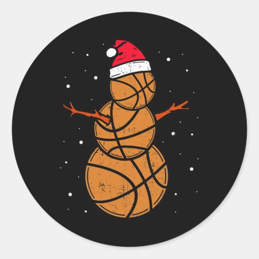 男おもしろい子女子のバスケットボールのクリスマス雪だるま ラウンドシール (正面)