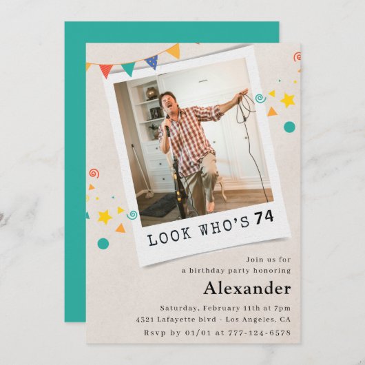 男おもしろい子74歳の誕生日招待状おもしろい写真 招待状 (正面/裏面)